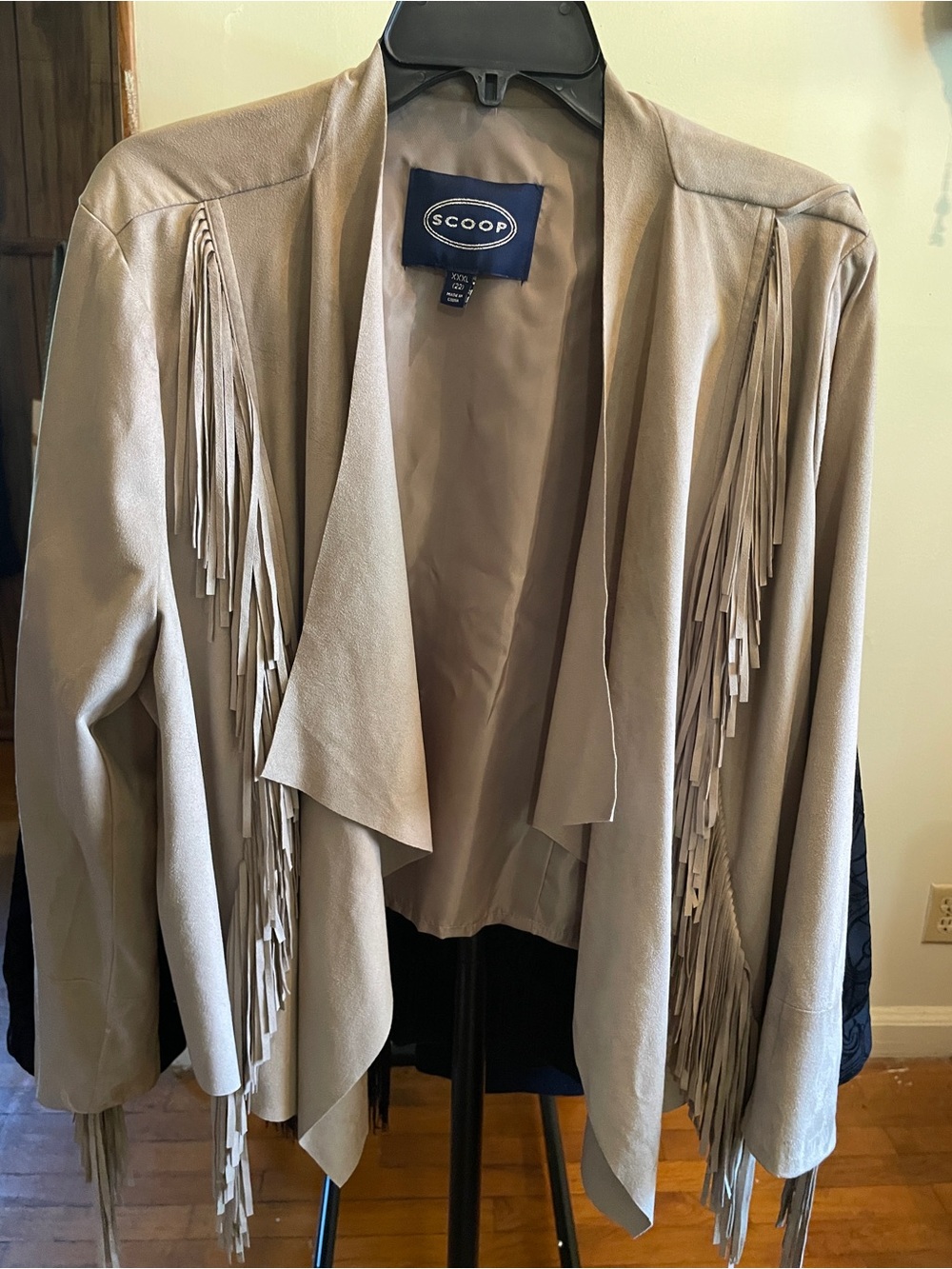 Scoop Faux Suede Fringe Open-Front Jacket in Taupe